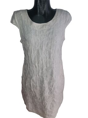 Lina Tomei 100% Linen Cream Embroidery Detailed Cap Sleeve Midi Shift Dress L